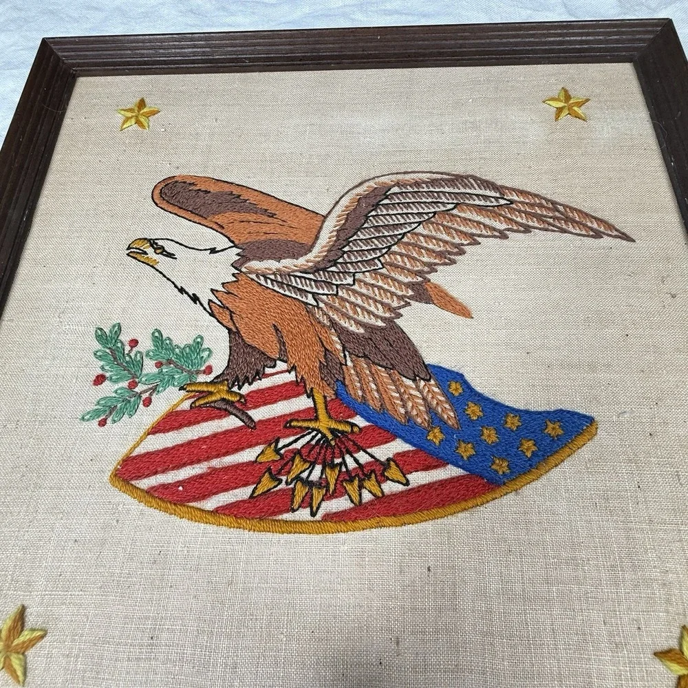 Vintage Hand Embroidered Bald Eagle American Flag Framed Wall Art Americana Folk